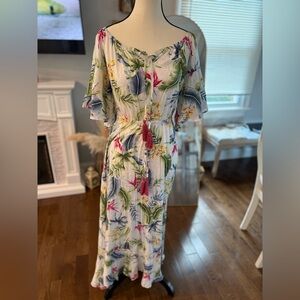 Anthropologie Label of Love White and Pink Flutter Sleeve Maxi Sundress